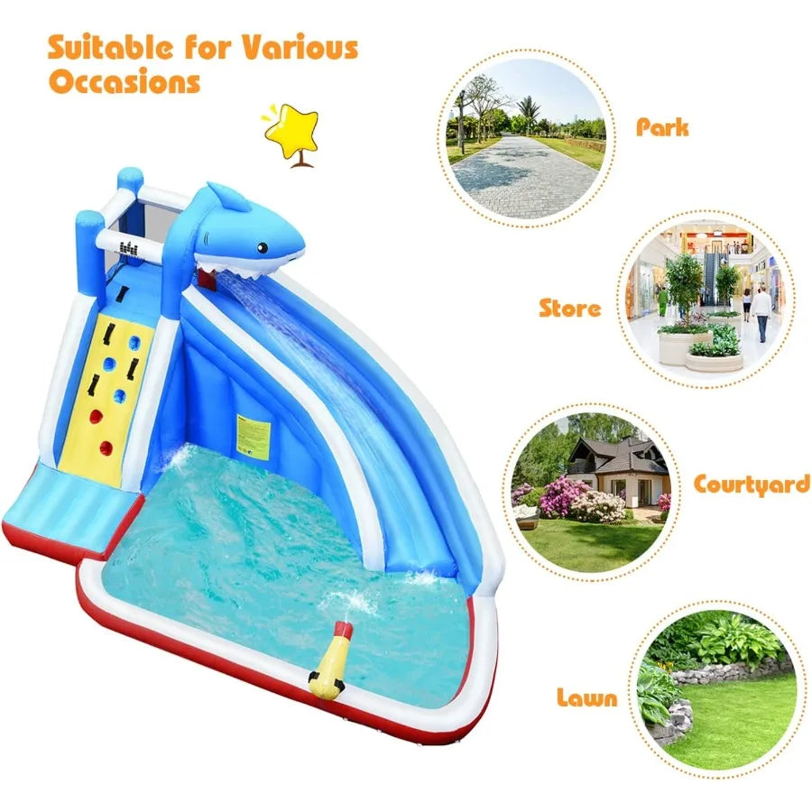 Inflatable Water Slide Shark Water Slide Park Jump Castle Bounce House w Long Slide Climbing Water Cannon Splash Pool Backyard