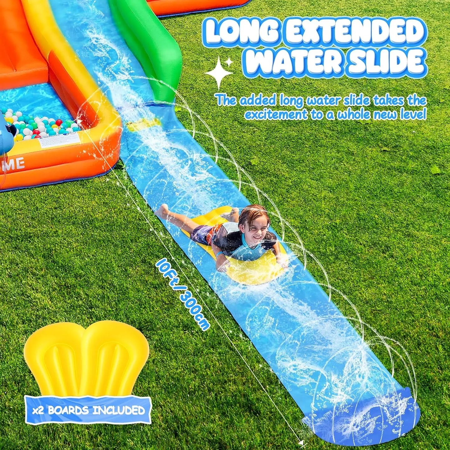 Inflatable Water Slide Bounce House with Extend Long Splash Waterslide for Kids Backyard, Blow Up Bouncy Castle Park with 2 Wate