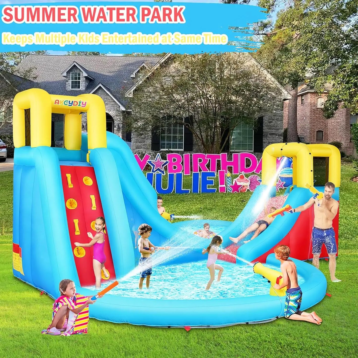 Big Inflatable Water Slides Park, Inflatable Play Center Kiddie Slide with Pool, Heavy-Duty for Backyard Fun, Climbing Wall, 2 S