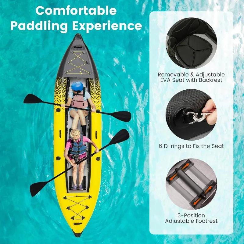 GYMAX Inflatable Kayak, 12.5Ft 507lbs Tandem Kayak with 2 Aluminum Paddles, 2 Padded Seats,Footrests, 2 Fins,Hand Pump,Carry Bag
