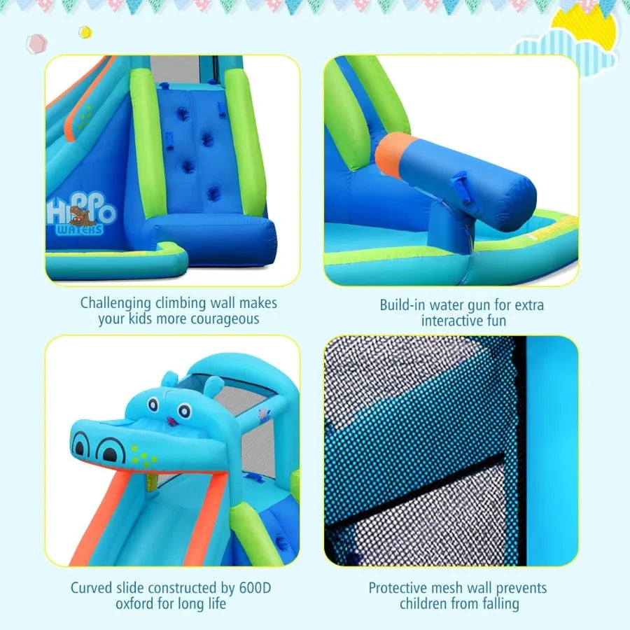 Inflatable Water Slide, Hippo Water Slide Park Jump Castle Bounce House w/Long Slide, Climbing, Water Cannon, Splash Pool, Backy