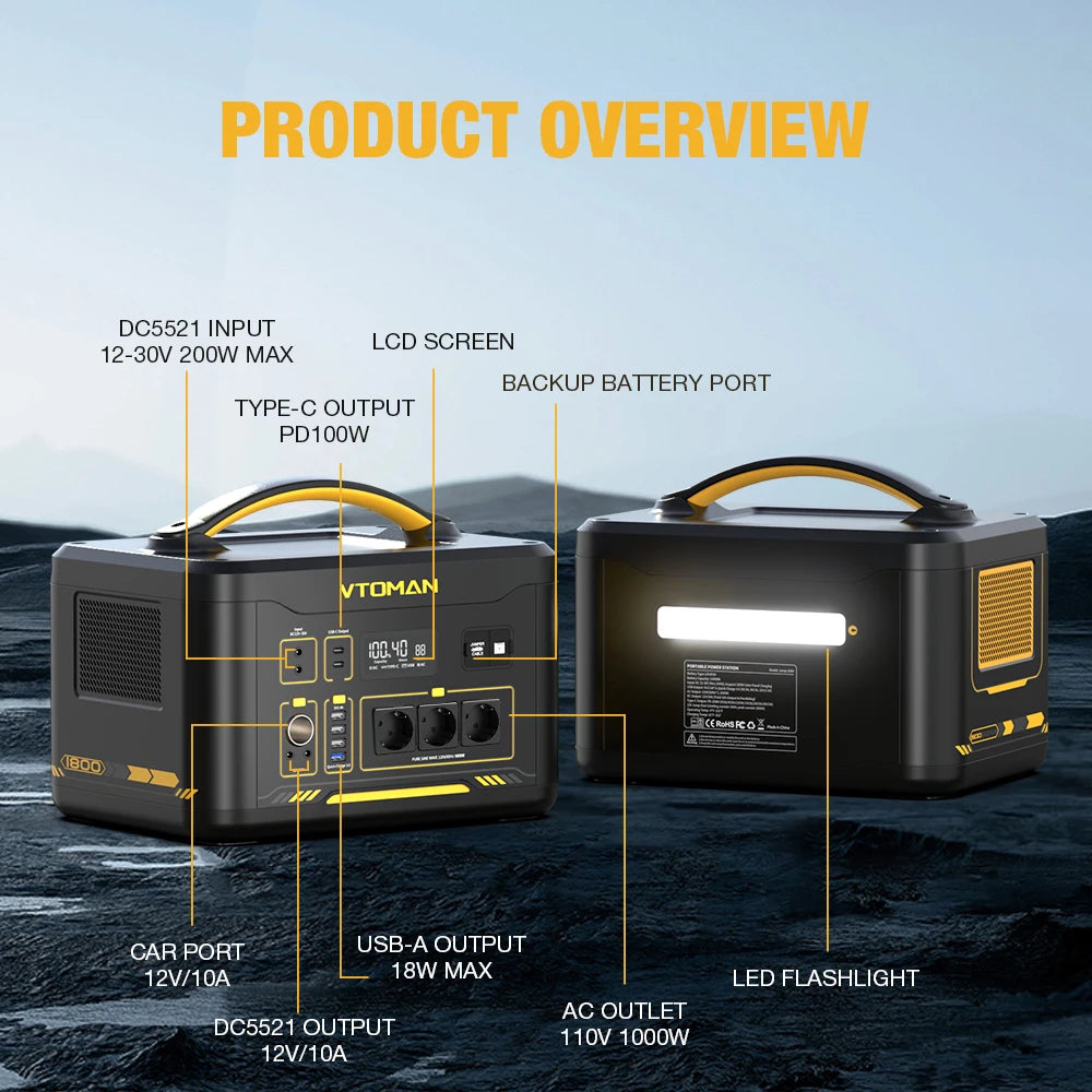 VTOMAN JUMP 2200 / JUMP 1800 Portable Power Station 828/1548Wh LiFeP04 Battery Solar Generator Solar for Home Outdoor Camping