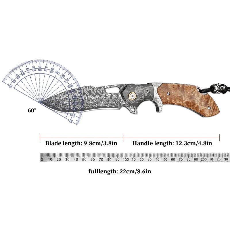 Handmade Japanese Damascus Steel Folding Pocket Knife with Sheath, Men's Pocket Knife, EDC Camping Hunting Knife, Hiking Trip
