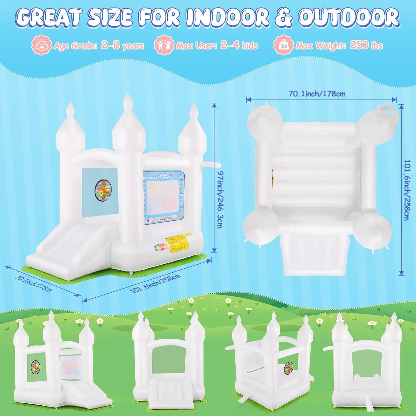 White Bounce House Indoor/Outdoor for Kids 2-8 with Balloons, Magical Water Canvas, Dart Target Balls, Bar Dart Set, Basketball,