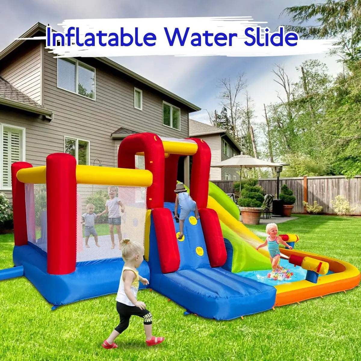 Bounce House Inflatable Water Slide for Kids, Water Park With Splash Pool, Double Cannon, 2 Climbing Walls, Obstacles, Blow Up J