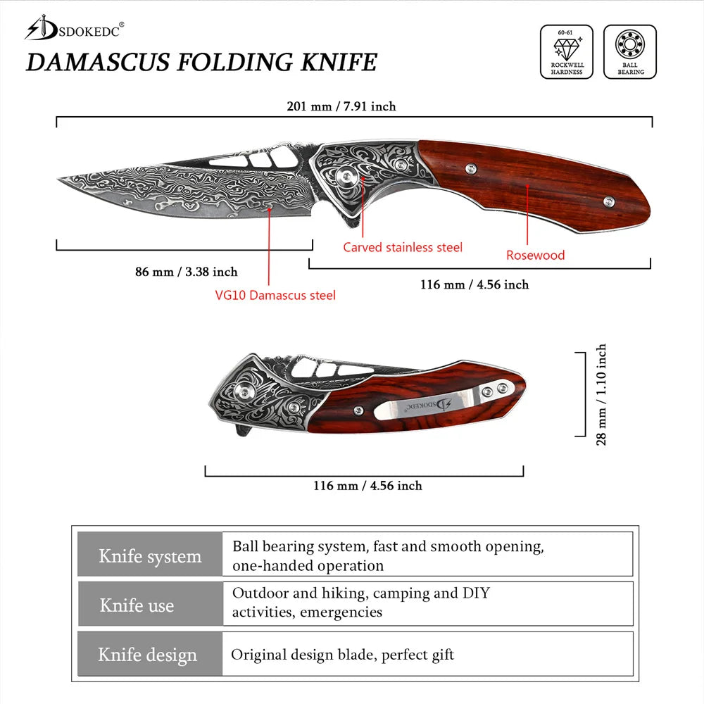 SDOKEDC VG10 Damascus Pocket Knives for Men Utility Flipper Tactical Folding Knife For Camping Survival Hunting Fishing And EDC