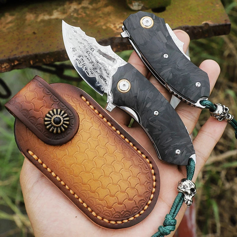 Canivete dobrável em aço de Damasco, canivete para homem e mulher, canivete de aventura para caça ao ar livre e acampamento