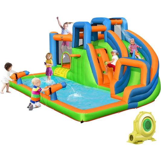 Inflatable Water Slide, Kids Water Park Jump Castle w/Large Splash Pool, 2 Climbing Walls & Cannons, Water Slides Inflatables fo