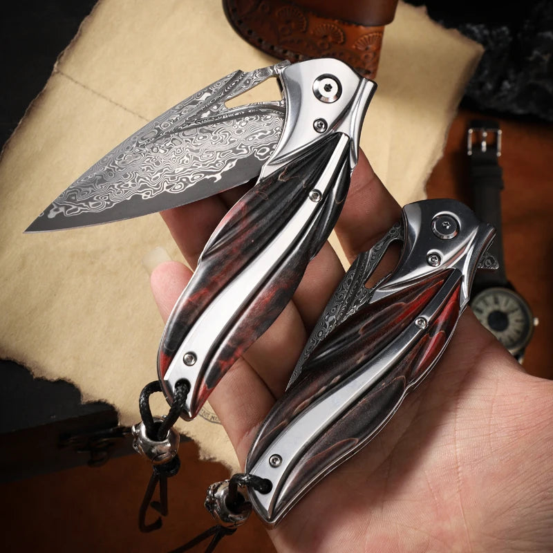 Canivete de aço de Damasco de alta qualidade, canivete EDC para homem, caça ao ar livre, canivete dobrável para campismo