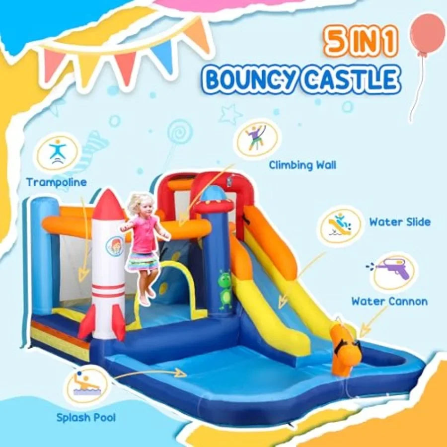 Inflatable Water Slide Park, Kids Bounce House with Splash Pool, Trampoline, Climbing Wall, Water Cannon, 5 in 1 Waterslide for
