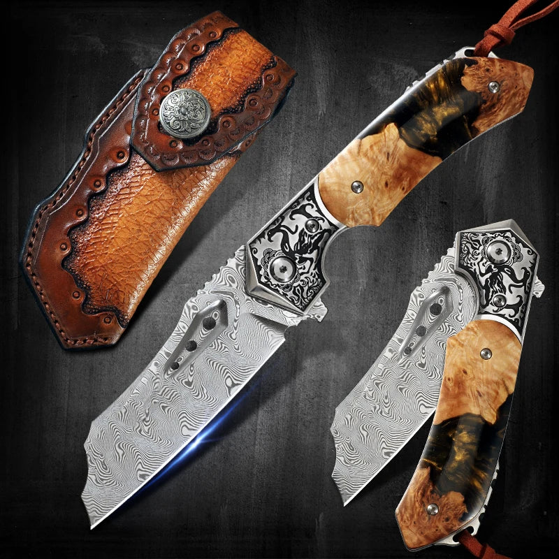 High Quality Damascus Steel Pocket Folding Knife with Resin Maple Handle, Men's Outdoor Knife, Survival Adventure Hunting Knife