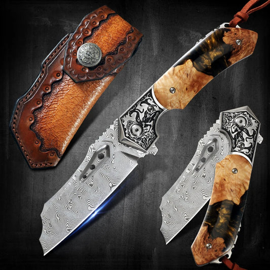 High Quality Damascus Steel Pocket Folding Knife with Resin Maple Handle, Men's Outdoor Knife, Survival Adventure Hunting Knife