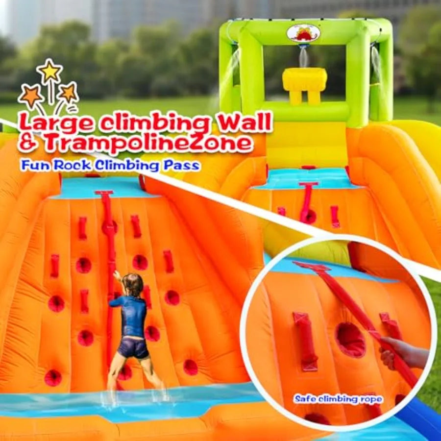 Inflatable Water Slide Bounce House with Water Bucket Deep Pool Climbing Wall with Rope Bouncy Castle with Air Blower
