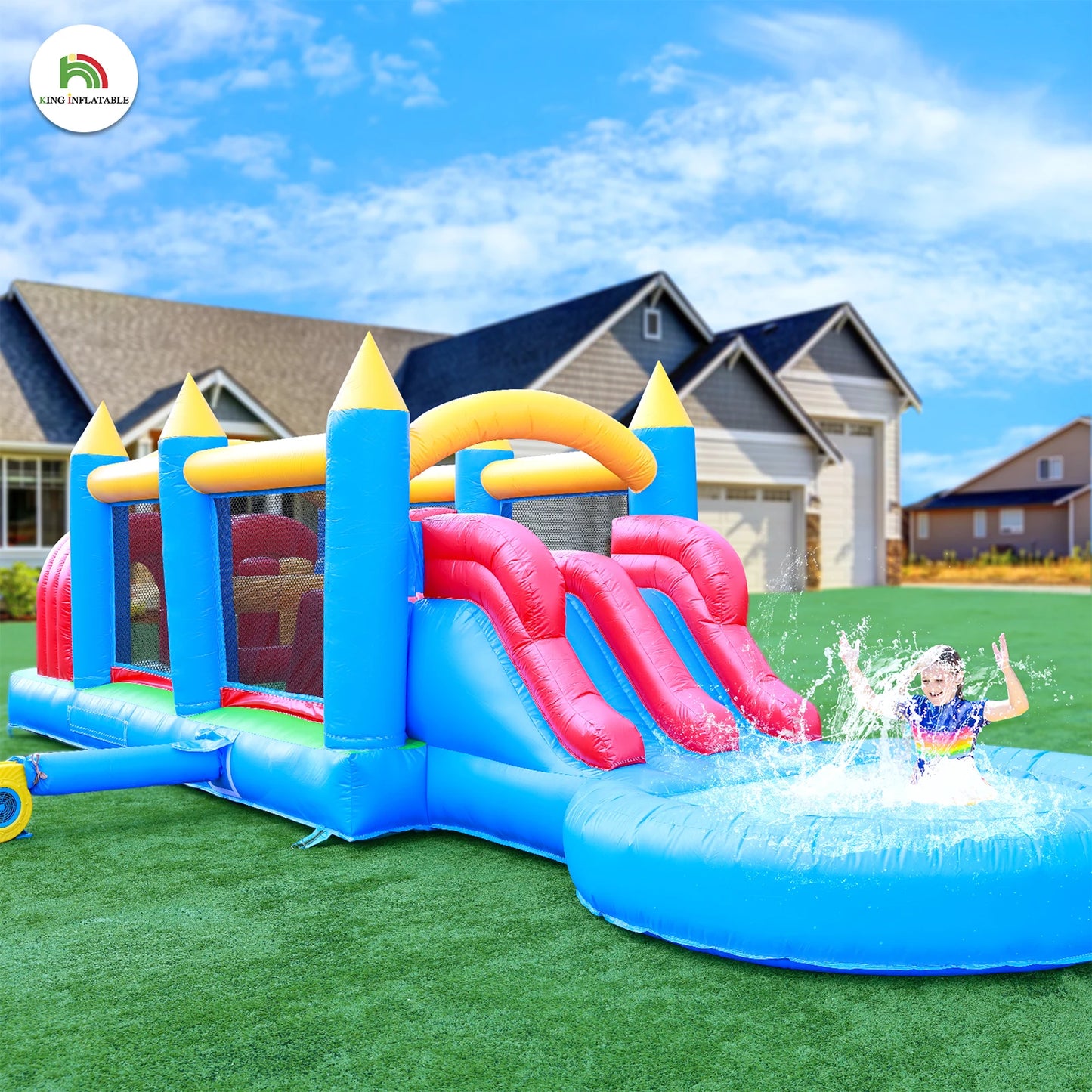 100% PVC Inflatable Macaroon  Water Sildes Ball Pool for Children Jungle Gym Water Play Equipment With 1100W Air Blower