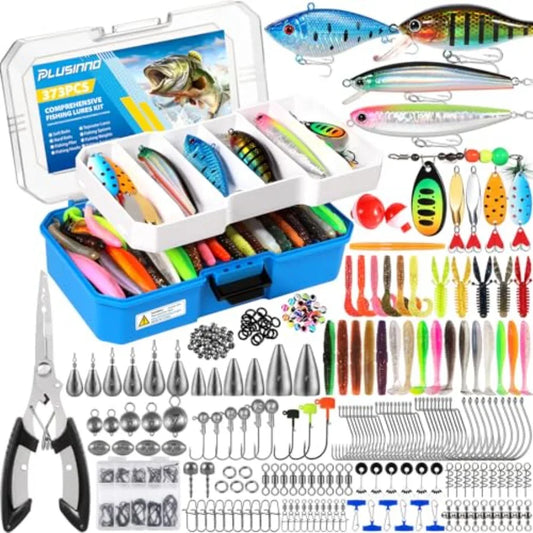Fishing Tackle Box with 373PCS Lures Kit Including Removable Tray Complete Fishing Gear Set with Pliers Weights Hooks and Acces