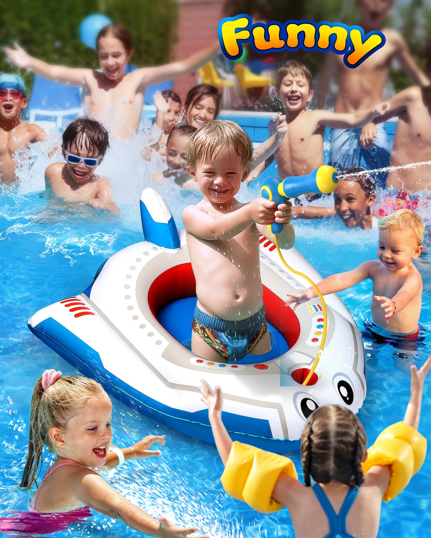 Kids Pool Float With Water Gun,Inflatable Ride-On Airplane Swimming Pool Toys For 4 5 6 7 8 9 Years Old Boys Girls Summer Fun