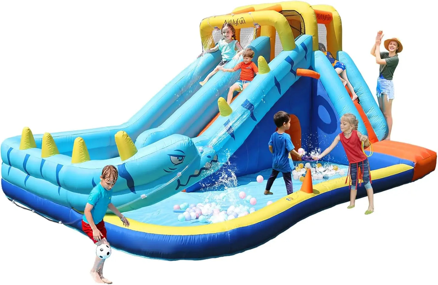 Inflatable Water Slide, Double Waterslide Park with Splash Pool & Ball Pit for Kids Air Blower, Kids Bounce House with Blower, E