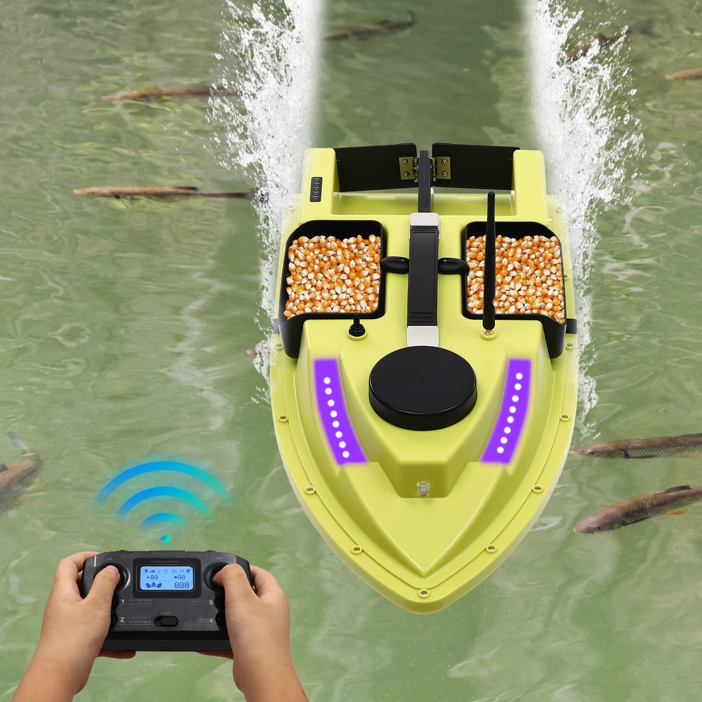 5200mAh GPS Fishing Bait Boat,Remote Control Nest Beater W/ 3/4 Bait Containers and LED Screen,1.5kg/2kg Load Rechargeable