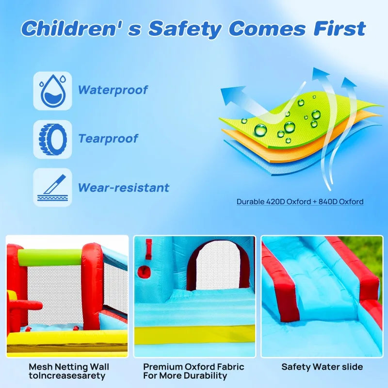 7 in1 Inflatable slide water park bouncing house outdoor Soccer garden bouncer with Splash pool & Water gun & Climbing wall