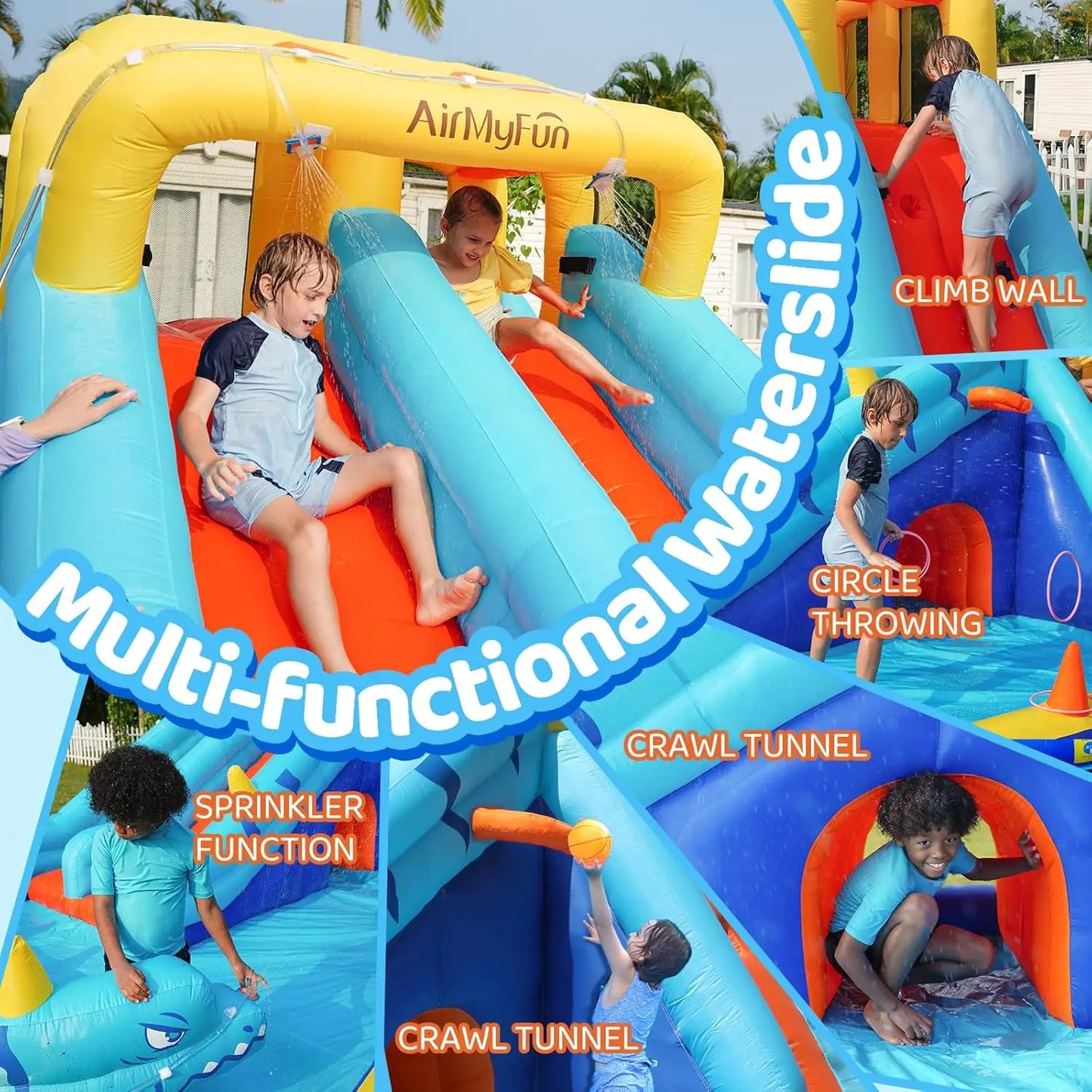 Inflatable Water Slide, Double Waterslide Park with Splash Pool & Ball Pit for Kids Air Blower, Kids Bounce House with Blower, E