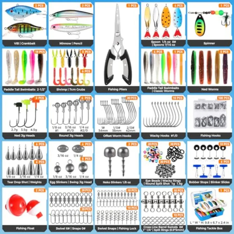 Fishing Tackle Box with 373PCS Lures Kit Including Removable Tray Complete Fishing Gear Set with Pliers Weights Hooks and Acces