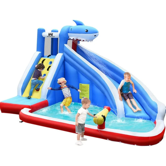 Inflatable Water Slide Shark Water Slide Park Jump Castle Bounce House w Long Slide Climbing Water Cannon Splash Pool Backyard