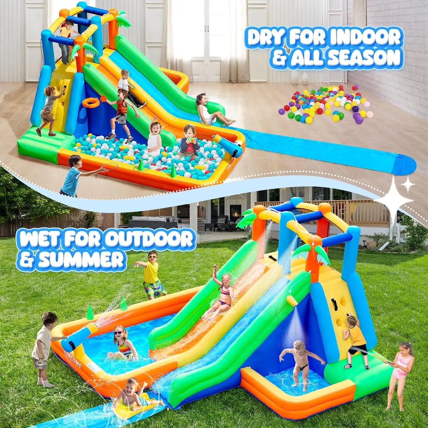 Inflatable Water Slide Bounce House with Extend Long Splash Waterslide for Kids Backyard, Blow Up Bouncy Castle Park with 2 Wate