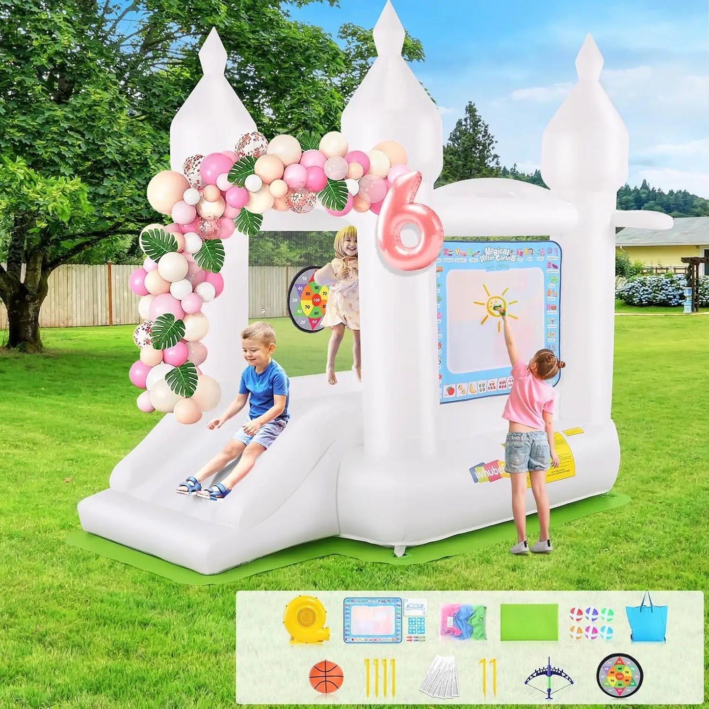 White Bounce House Indoor/Outdoor for Kids 2-8 with Balloons, Magical Water Canvas, Dart Target Balls, Bar Dart Set, Basketball,