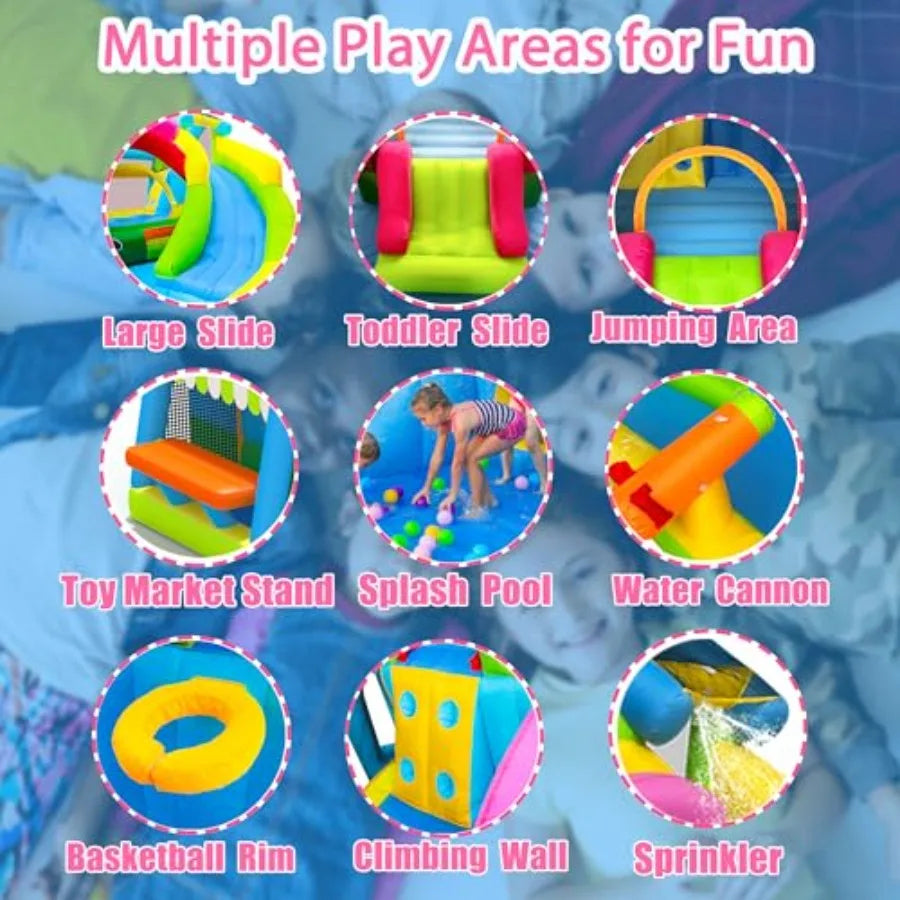 Inflatable Water Slide,Flamingo Water Park Bouncy Castle,9 in 1 Waterslides with Climbing Wall,Splash Pool,Toy Market Stand, Bou