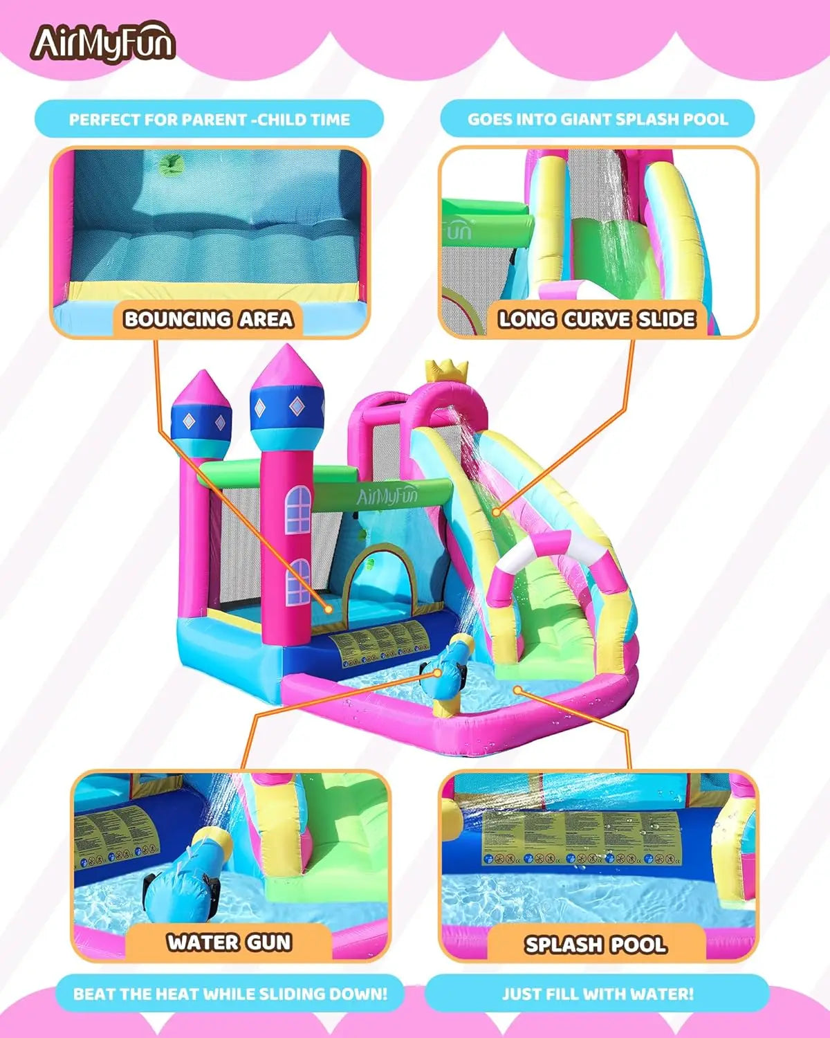 Inflatable Water Slide Pink Princess Bounce House for Big Kids 8-12 with Long Slide and Spray Water Gun for Kids Backyard Inflat