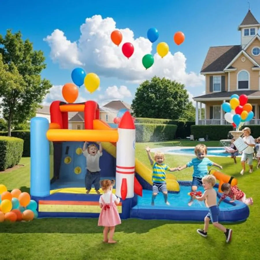 Inflatable Water Slide Park, Kids Bounce House with Splash Pool, Trampoline, Climbing Wall, Water Cannon, 5 in 1 Waterslide for