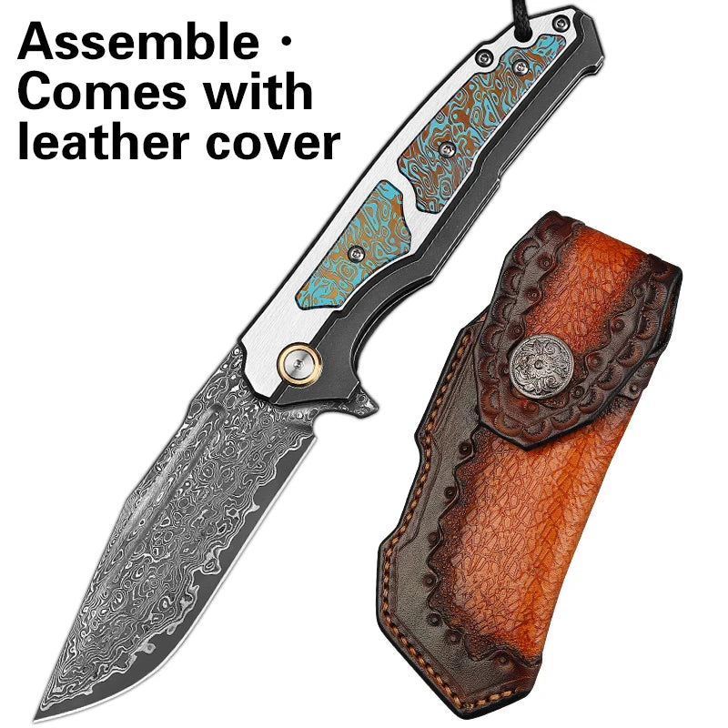 High-end Technology Damascus Steel Folding Pocket Knife with Sheath, EDC Outdoor Camping Pocket Knife, Adventure Tactical Knife