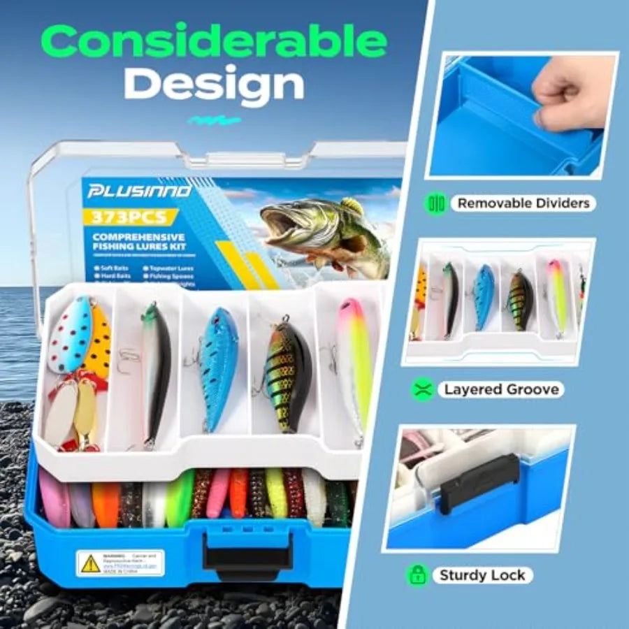 Fishing Tackle Box with 373PCS Lures Kit Including Removable Tray Complete Fishing Gear Set with Pliers Weights Hooks and Acces