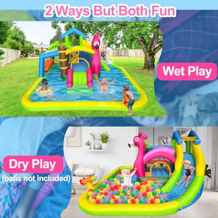 Inflatable Water Slide,Flamingo Water Park Bouncy Castle,9 in 1 Waterslides with Climbing Wall,Splash Pool,Toy Market Stand, Bou