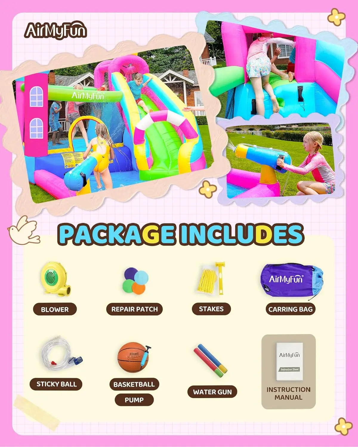 Inflatable Water Slide Pink Princess Bounce House for Big Kids 8-12 with Long Slide and Spray Water Gun for Kids Backyard Inflat