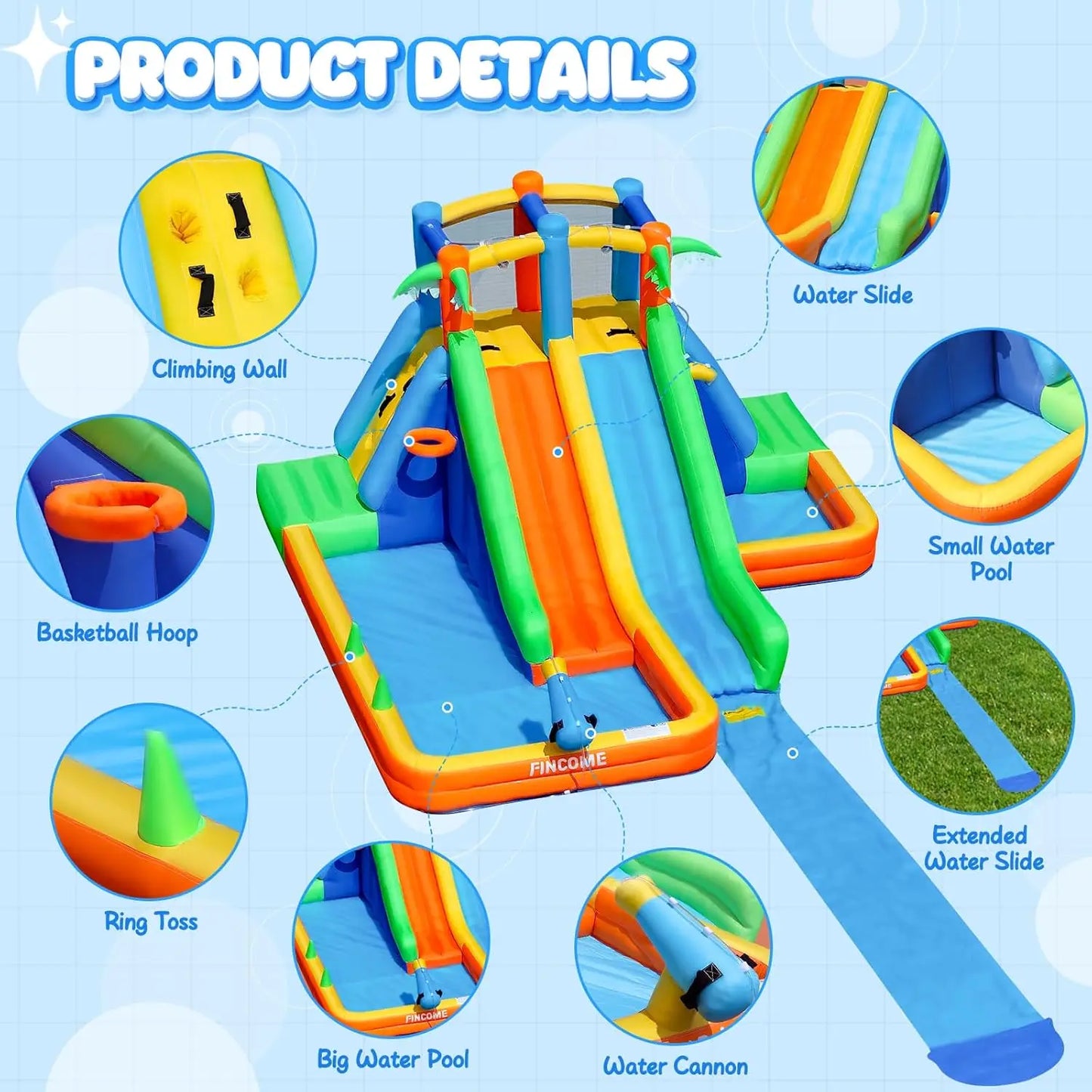 Inflatable Water Slide Bounce House with Extend Long Splash Waterslide for Kids Backyard, Blow Up Bouncy Castle Park with 2 Wate