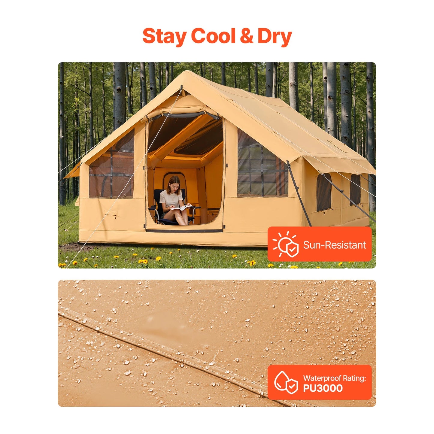 SucceBuy Inflatable Tents for Camping Easy Setup Blow up Tent with Hand Pump Glamping Tent with Skylight Stove Jack Mesh Windows