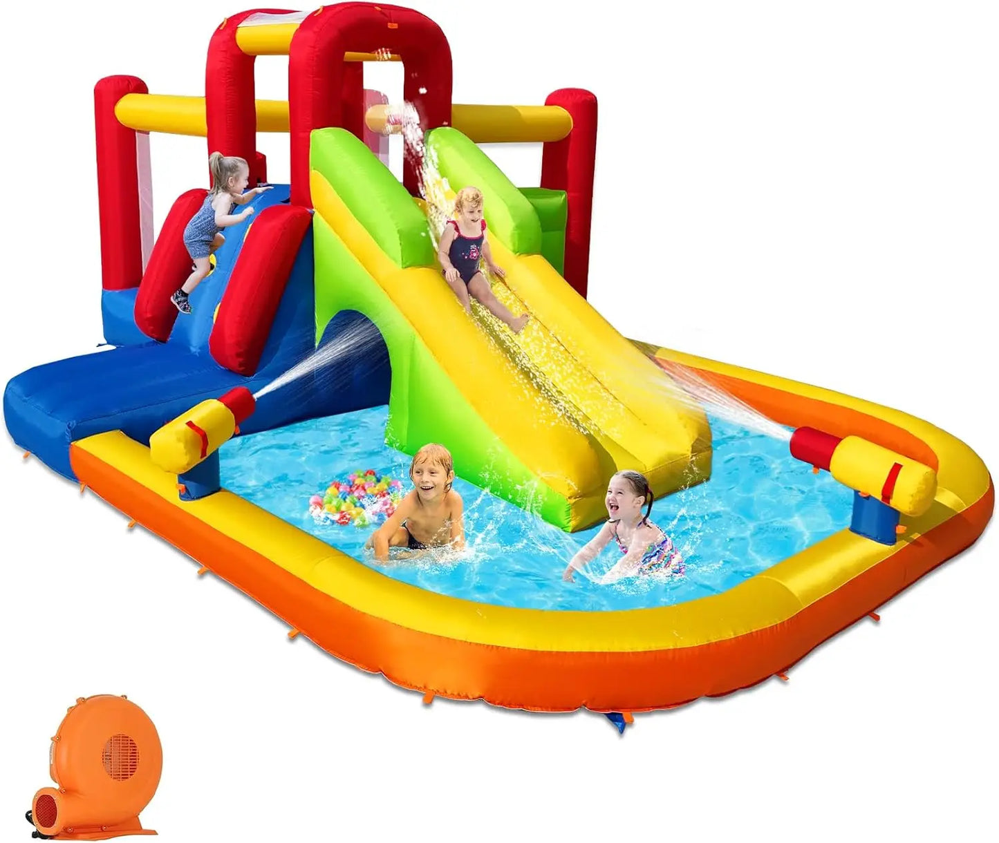 Bounce House Inflatable Water Slide for Kids, Water Park With Splash Pool, Double Cannon, 2 Climbing Walls, Obstacles, Blow Up J