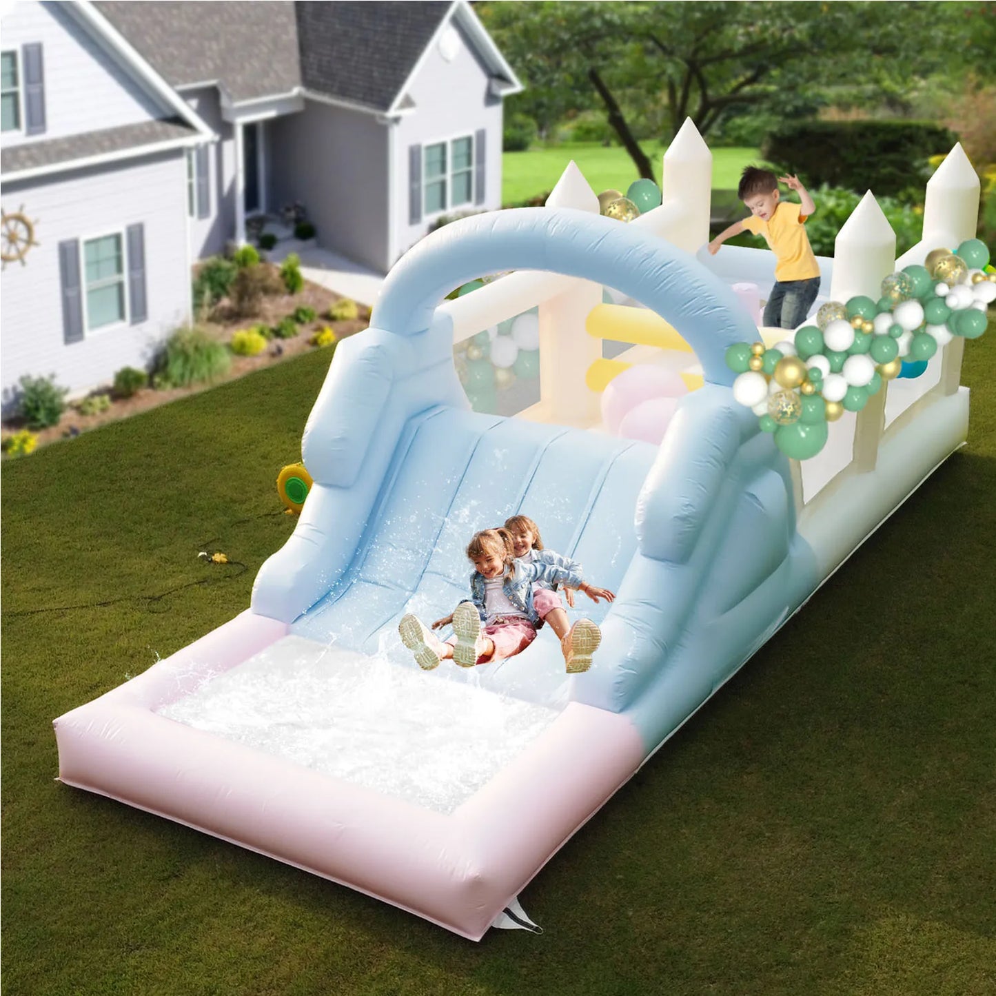 Inflatable Macaroon PVC Water Sildes Ball Pool for Children Jungle Gym Water Play Equipment With 1100W Air Blower