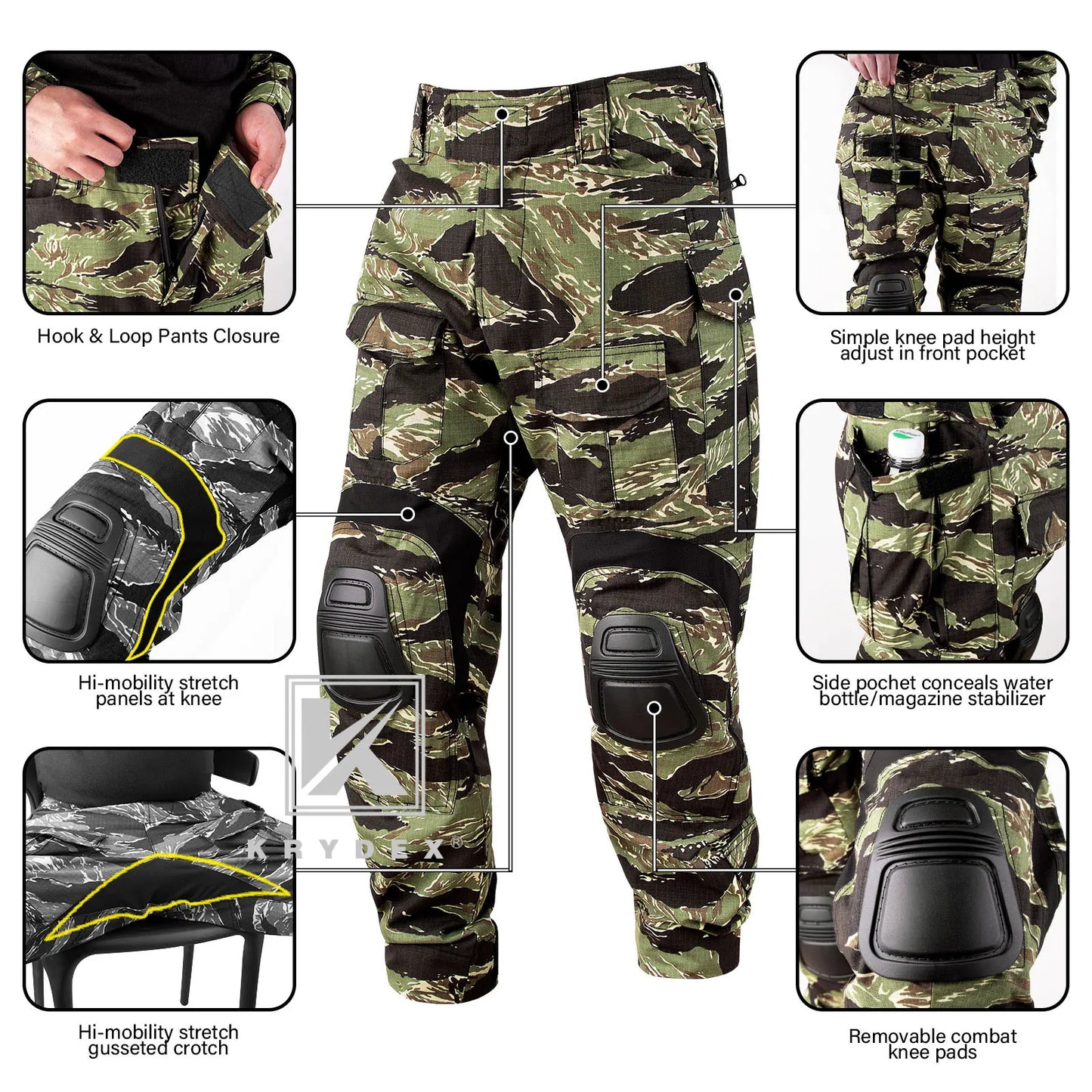 KRYDEX Camouflage Tactical Combat Pants Tactical Combat Trousers Knee Pads Outdoor Hunting Uniform Gear