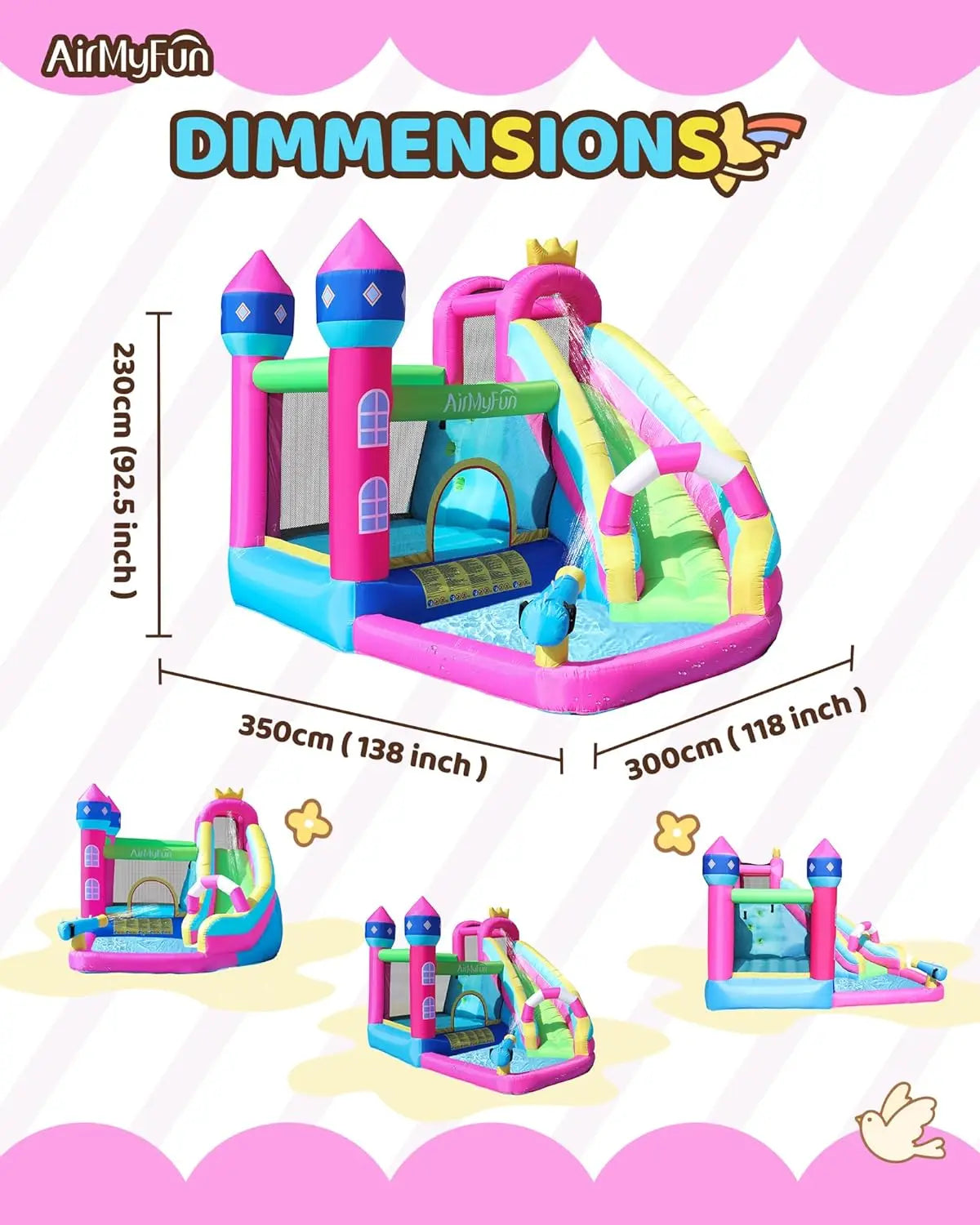 Inflatable Water Slide Pink Princess Bounce House for Big Kids 8-12 with Long Slide and Spray Water Gun for Kids Backyard Inflat