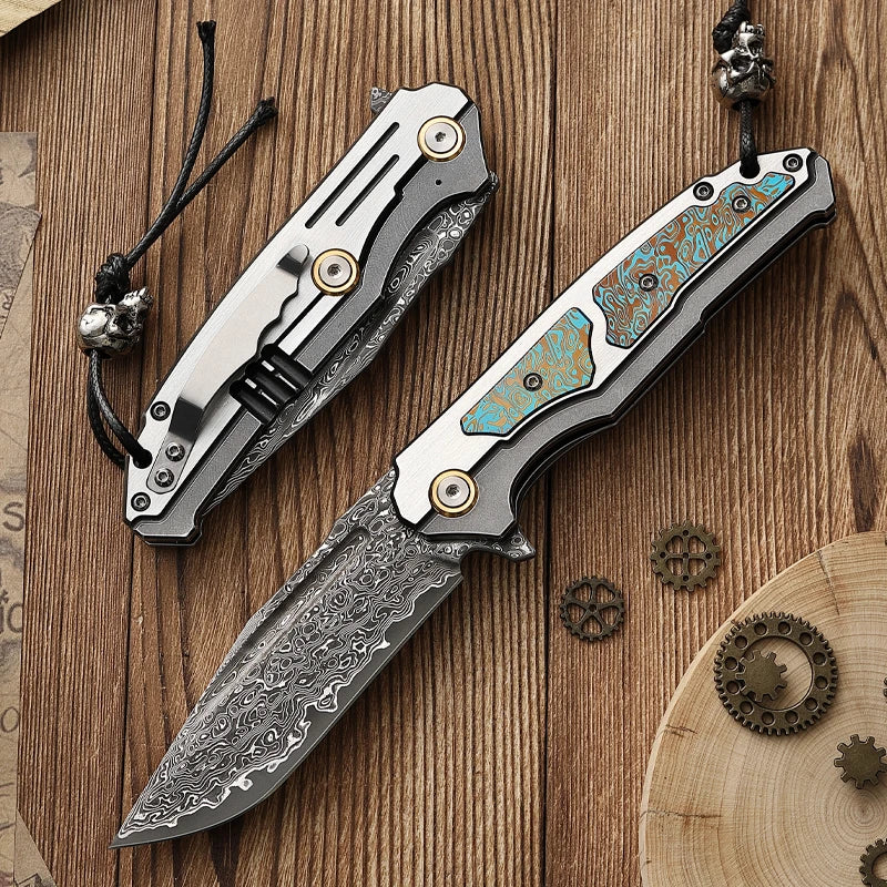 High-end Technology Damascus Steel Folding Pocket Knife with Sheath, EDC Outdoor Camping Pocket Knife, Adventure Tactical Knife