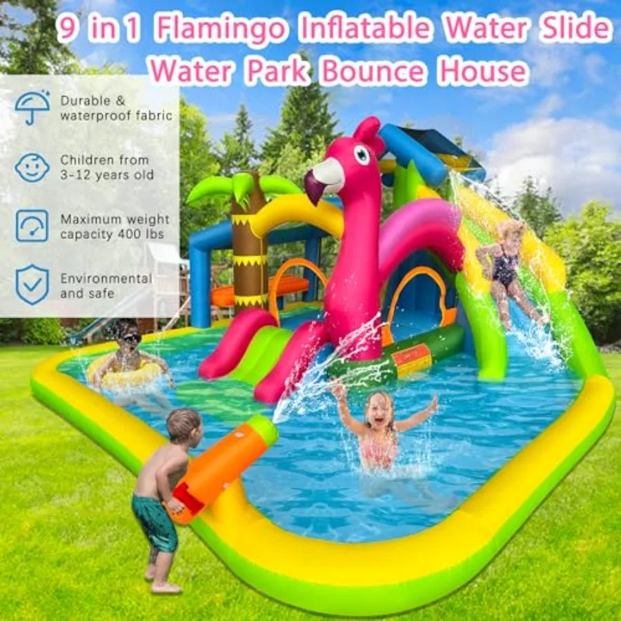 Inflatable Water Slide,Flamingo Water Park Bouncy Castle,9 in 1 Waterslides with Climbing Wall,Splash Pool,Toy Market Stand, Bou