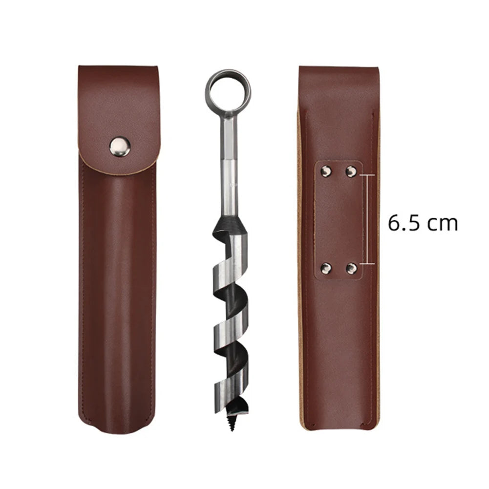 Hand Auger Wood Drill with Leather Case Mini Manual Wood Drill Multifunctional Outdoor Wood Punch Tool for Outdoor Camping