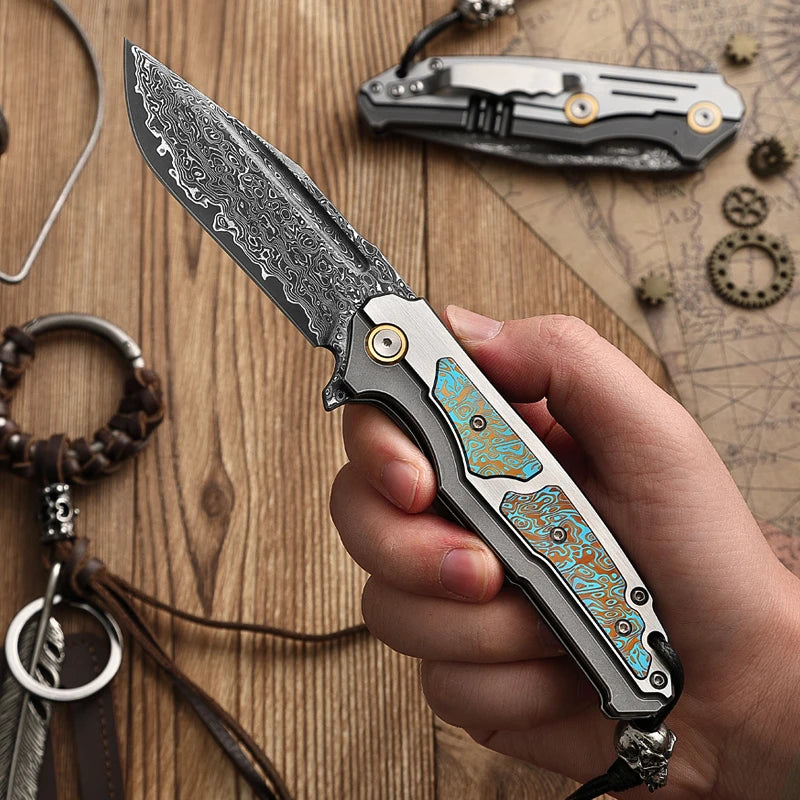 High-end Technology Damascus Steel Folding Pocket Knife with Sheath, EDC Outdoor Camping Pocket Knife, Adventure Tactical Knife