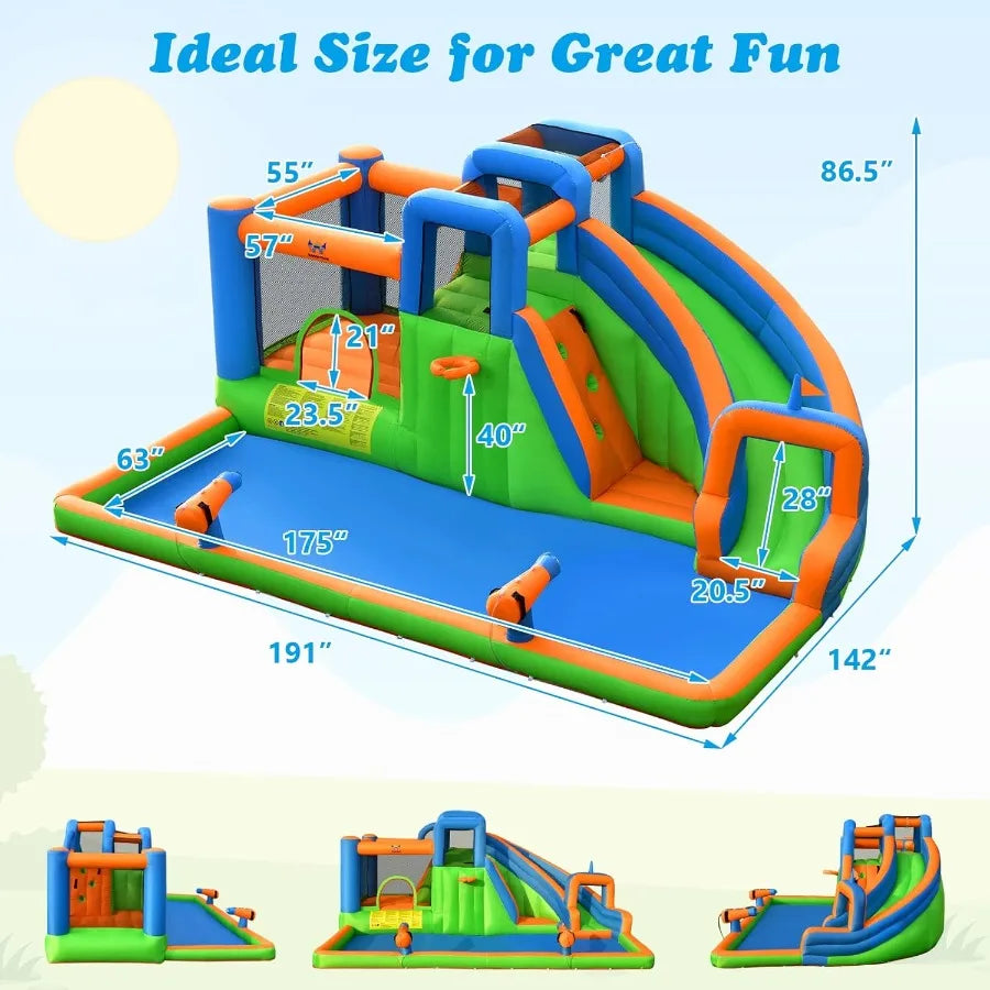 Inflatable Water Slide, Kids Water Park Jump Castle w/Large Splash Pool, 2 Climbing Walls & Cannons, Water Slides Inflatables fo