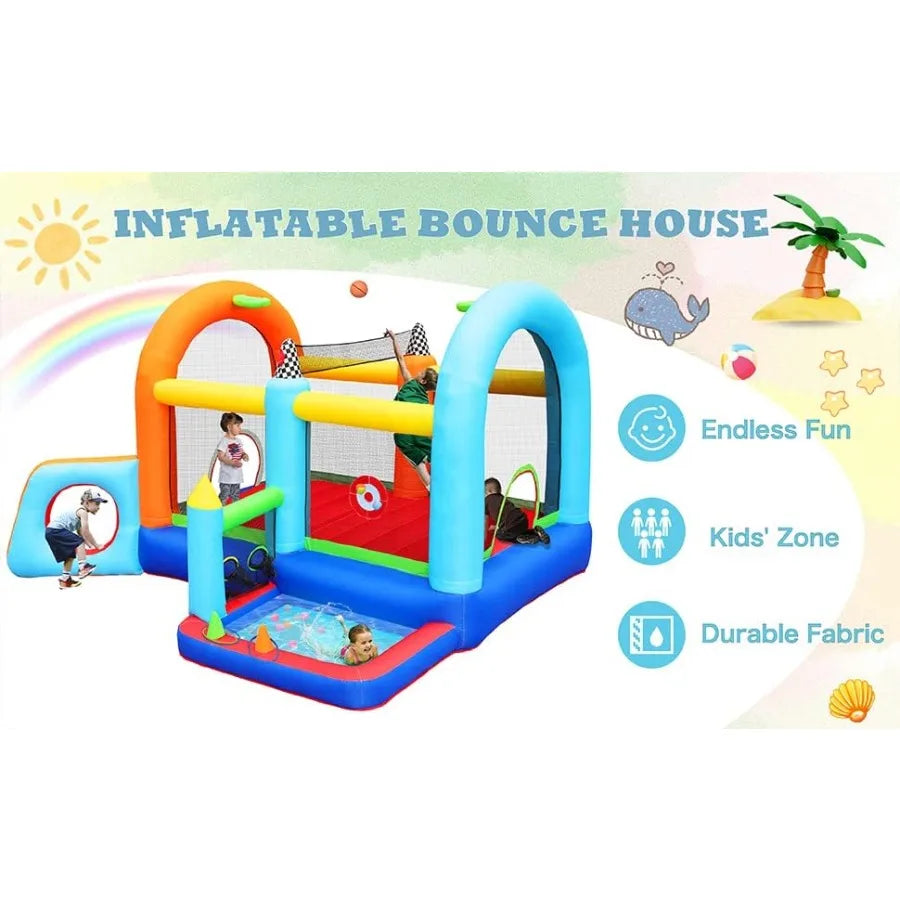 Inflatable Jumper Bounce House with Splash Pool & Beach Volleyball - Perfect Outdoor Fun for Kids! (Color)