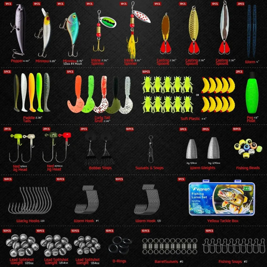 Complete 145Piece Fishing Tackle Box with Lures Jigs VIBs Minnows Soft Baits Floats Hooks and Weights AllinOne Fishing Gear Set