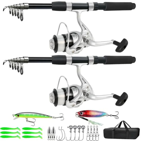 Fishing Pole Combo 6.9ft 2Pcs Telescopic Rods Set Collapsible Carbon Fiber Fishing Rods 2PCS Spinning Reel Set with Carrier Bag