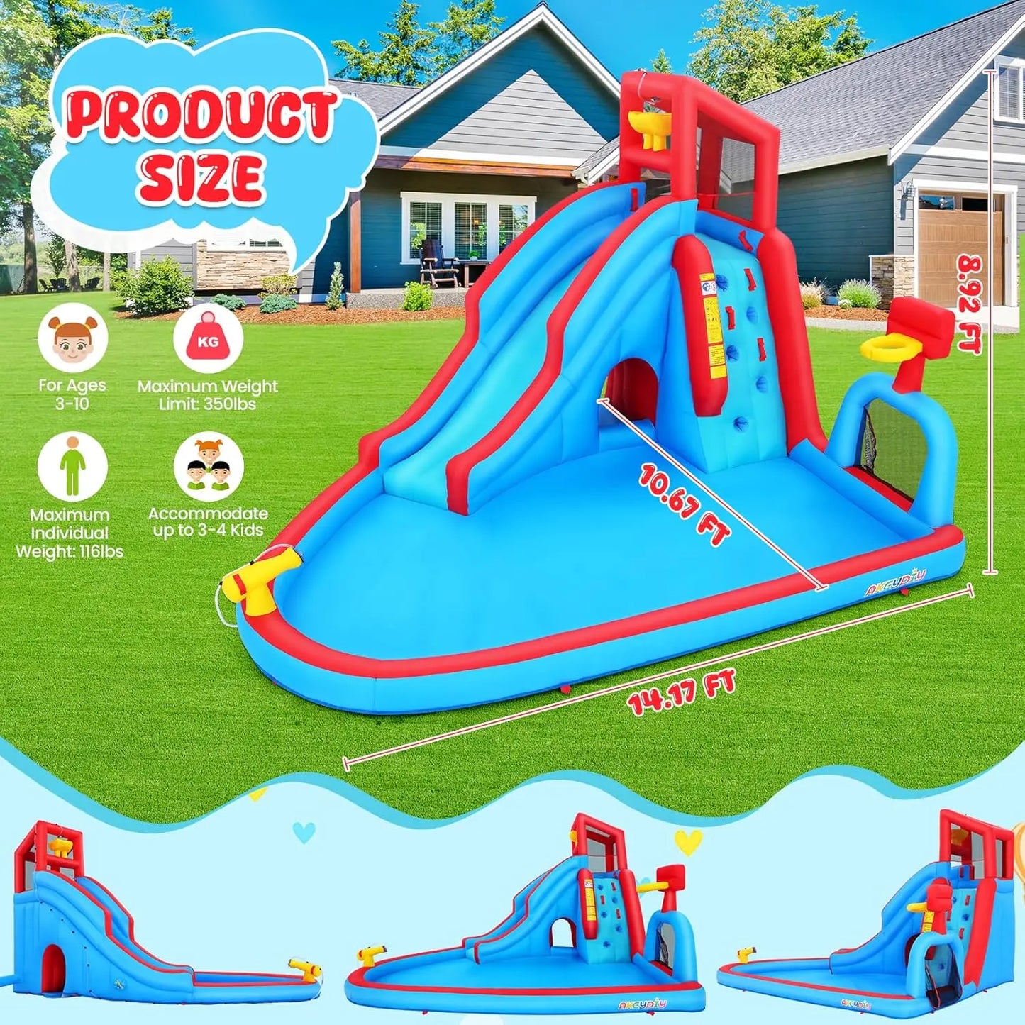 Inflatable Water Slide for Kids Backyard 9-in-1 Blow Up Water Park with 470W Blower, Dump Bucket, Adventure Play Tunnel, Splash